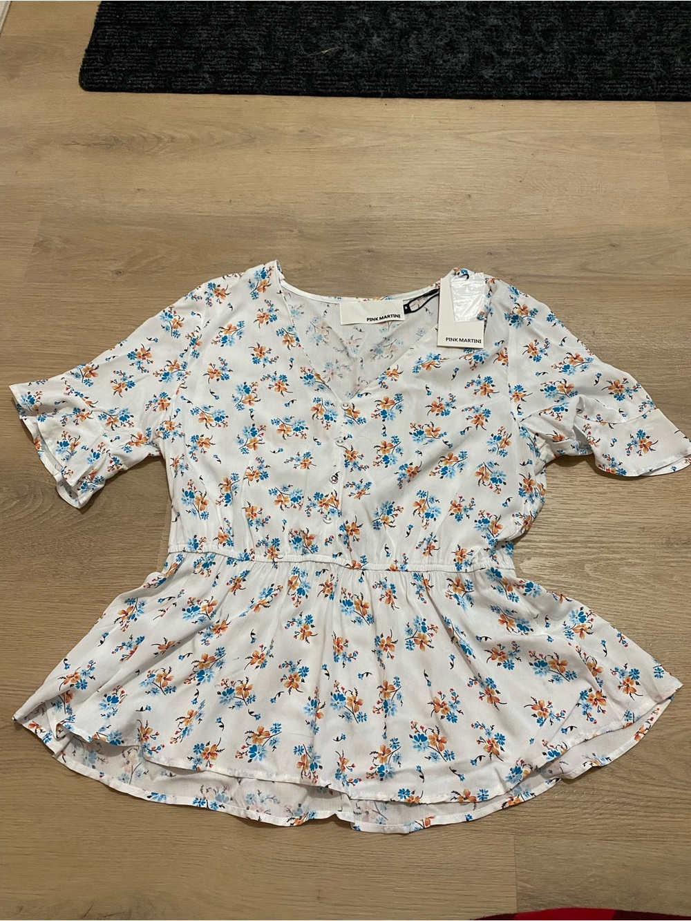 Pink Martini White Floral Peplum Blouse with Blue & Orange Accents